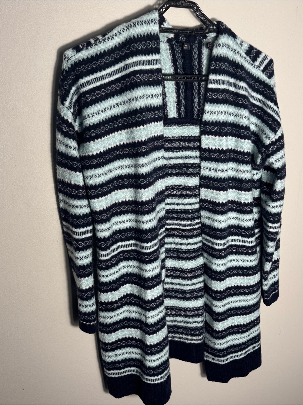 Talbots Women’s M Fair Isle Cardigan Navy Aqua Striped Open Front Long Sweater